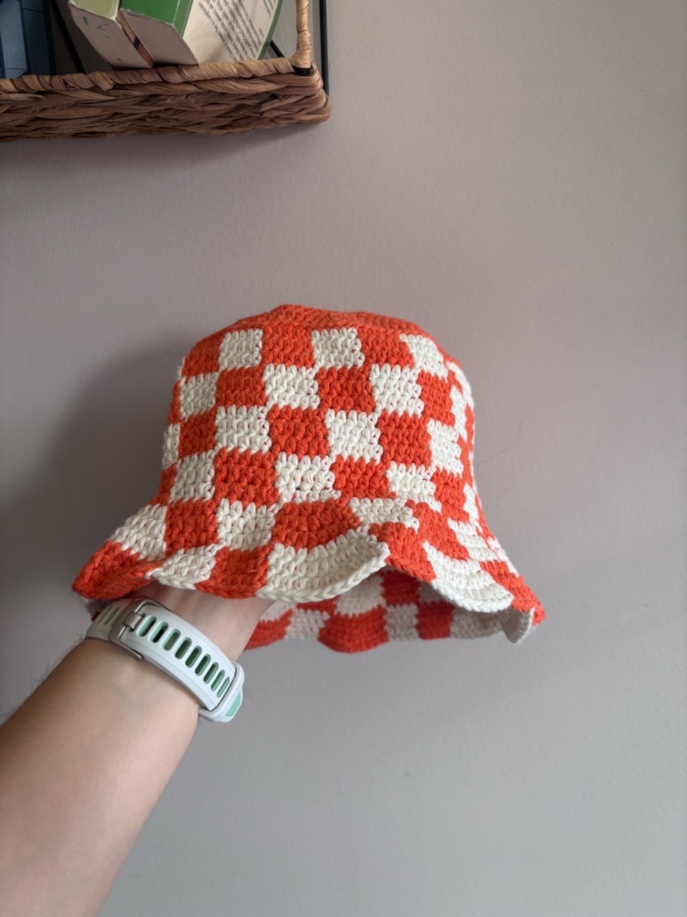 Handmade Crochet Checkered Bucket Hat in Orange & Cream